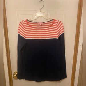 Lilly Pulitzer Maria Boat Neck Coral and White Striped Navy Sweater Size L